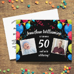 50º Convite de aniversário, 2 Fotos, Balões<br><div class="desc">Comemore um aniversário de um marco com este cartão postal divertido com duas fotos enquadradas por balões coloridos e colocadas sobre um fundo preto. Perfeito para qualquer aniversário que você possa facilmente mudar o ano. Adicione todos os detalhes da sua festa no verso.</div>