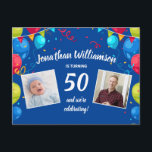 50º Convite de aniversário, 2 Fotos, Balões<br><div class="desc">Comemore um aniversário de um marco com este cartão postal divertido com duas fotos enquadradas por balões coloridos.  Perfeito para qualquer aniversário que você possa facilmente mudar o ano.  Adicione todos os detalhes da sua festa no verso.</div>