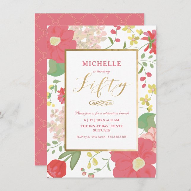 50º Convite de Aniversário - Dourado, Elegante Flo (Frente/Verso)