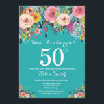 50º Convite de Aniversário para a Surpresa Teal Fl<br><div class="desc">O 50º Aniversário da Surpresa Teal Floral, Convite para Mulheres. Flor Floral de Água. Fundo do Teal Aqua Turquoise. Rosa, Amarelo, Laranja, Flor Roxo. Aniversário Adulto. 13 15 16º 18º 20 21 rua 30 40º 50º 80 de 60º 70 de 100º, qualquer idade. Para mais personalização, clique no botão "Personalizar"...</div>