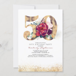 50º Convite de Aniversário - Vermelho Borgonha e
