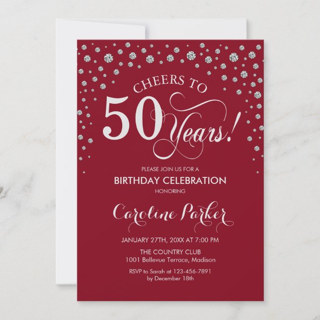 50º Convite de aniversário - Vermelho prateado (Frente)