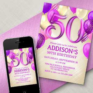 50º Convite de Balões Rosa de Aniversário