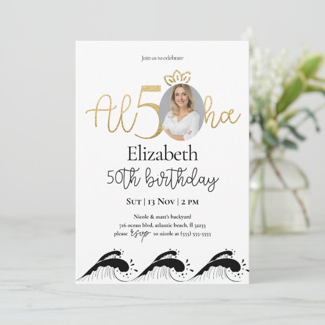 50º Convite Dourado de Aniversário com Foto (Em pé/Frente)