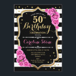 50.º Aniversário Convite Pink Black Stripes<br><div class="desc">50º Aniversário Convite Elegante design cor-de-rosa preto branco com brilho falso. Listras brancas e pretas com rosas cor-de-rosa. Perfeito para uma bolsa mensageifesta de aniversario elegante.</div>