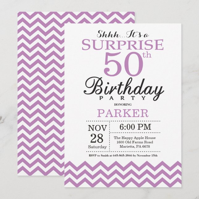 50. º Aniversário do Convite Purple Chevron (Frente/Verso)