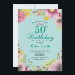 50.º Aniversário Floral Convite para Mulheres Teal<br><div class="desc">50º Aniversário Floral Convite para Mulheres. Camada De Água,  Teal Aqua Turquoise Fundo. Para mais personalização,  clique no botão "Personalizar" e use nossa ferramenta de design para modificar este modelo.</div>