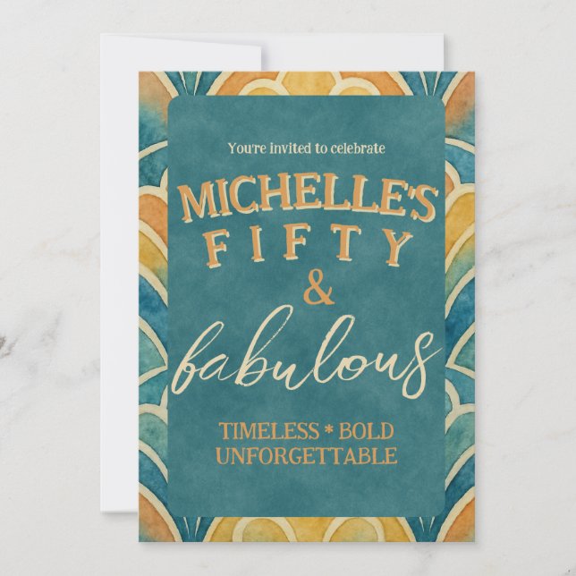50.º Aniversário, Teal e Dourado Convite à Arte (Frente)