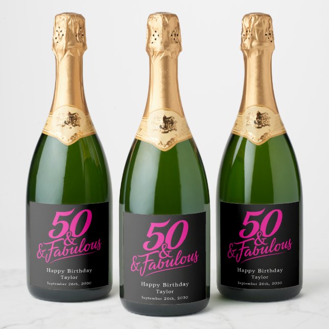 50 and Fabulous Birthday Chic Pink Script (Garrafas)