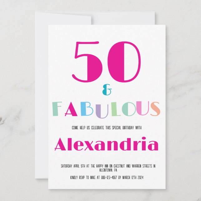 50 & Convite de Aniversário Colorido Moderno Fabul (Frente)