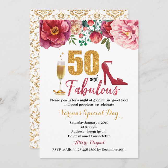 50 e Fabuloso Convite de Aniversário para Mulheres (Frente/Verso)