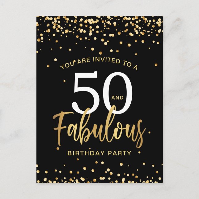 50 e Fabuloso Convite de Aniversário Preto e Doura (Frente)