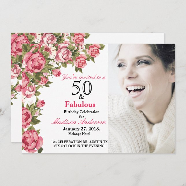 50 e Fabuloso Floral | 50.o Convites de Aniversári (Frente/Verso)