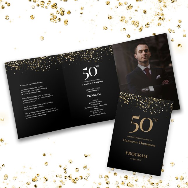 50 e fabuloso Programa de Aniversário Masculino co (Custom 50th birthday program trifold with message, schedule and photo keepsake.)