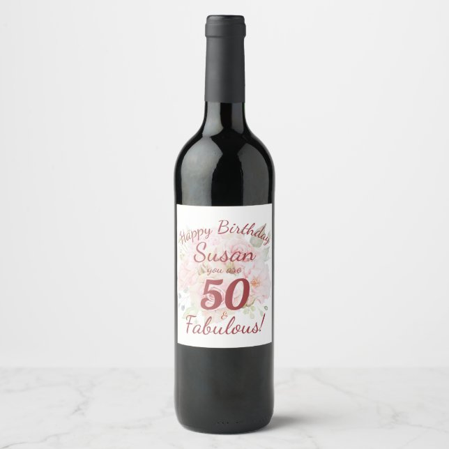 50 e Fabuloso rótulo da garrafa de vinho de aniver (Frente)