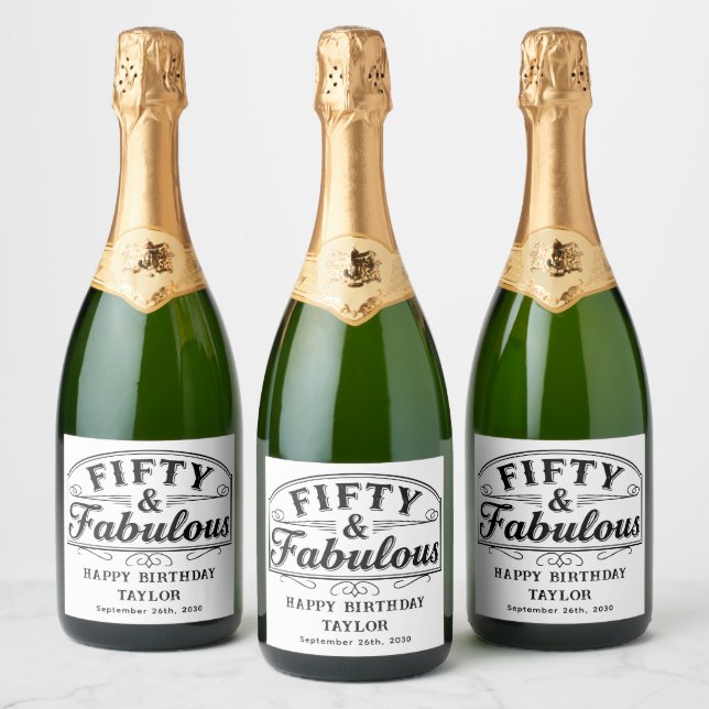 50 e Fabuloso Rústico Script & Branco Elegante (Garrafas)