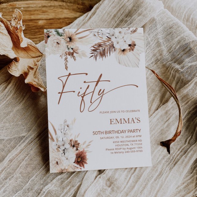 50.o Convite de aniversário Boho Pampas (Criador carregado)