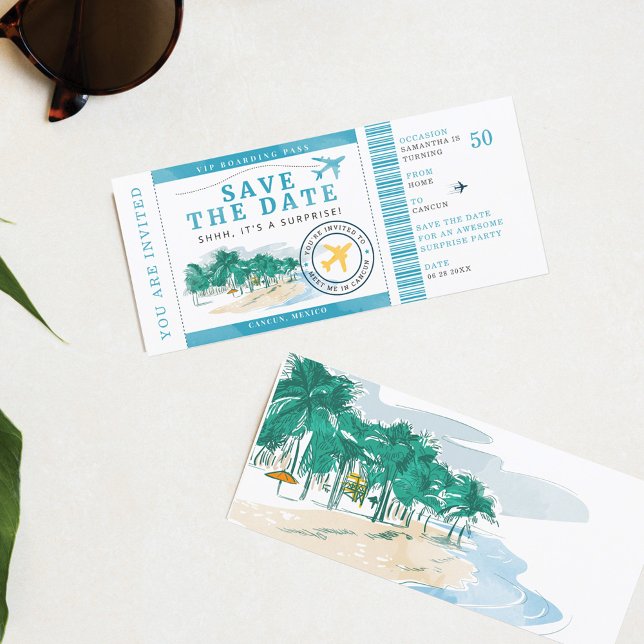 50.o Convite de Passe de Embarque de Festa de aniv (50th Birthday Save the Date Surprise Party)