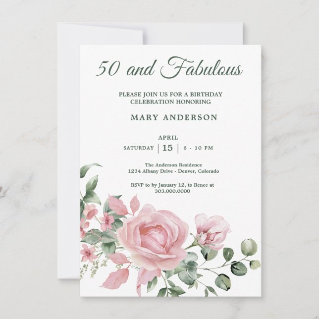 50.o convite para o aniversário floral do rosa (Frente)