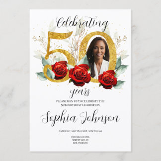 50th Birthday Invitation Photo Red Roses 