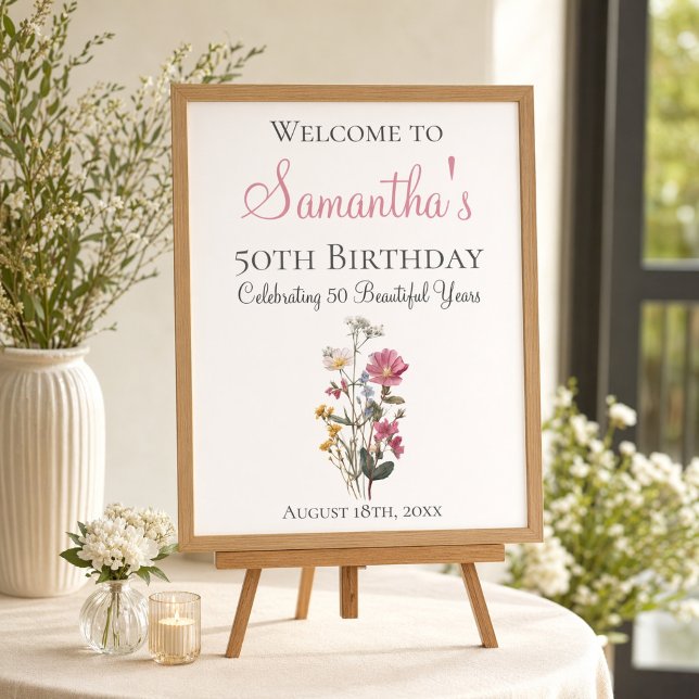 50th Birthday Party Wildflower Welcome Sign (Criador carregado)