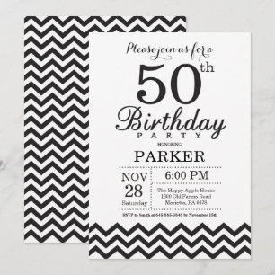 50th Convite Chevron preto e branco do aniversári