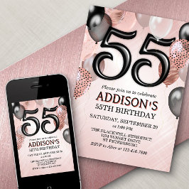 55.o Aniversário Rosa Dourado Balões Convite