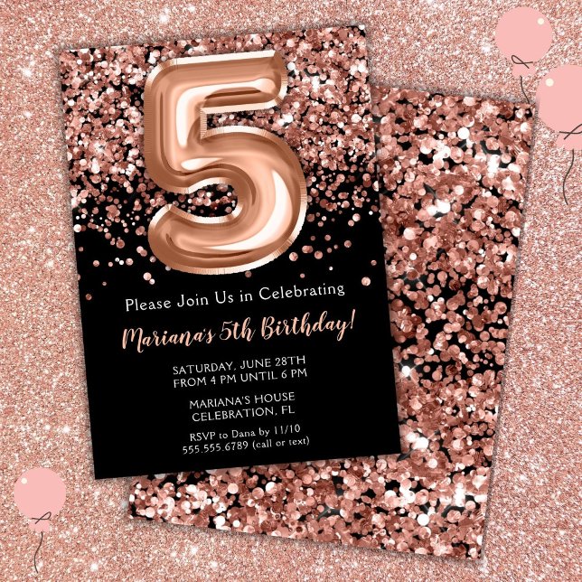 5 Aniversário Convite de Rosa Negro Glitter Dourad (Criador carregado)