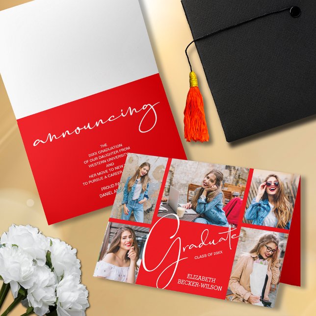 5 Anúncio de Graduação Vermelha de Foto (Folded 5 photo collage graduation announcements)