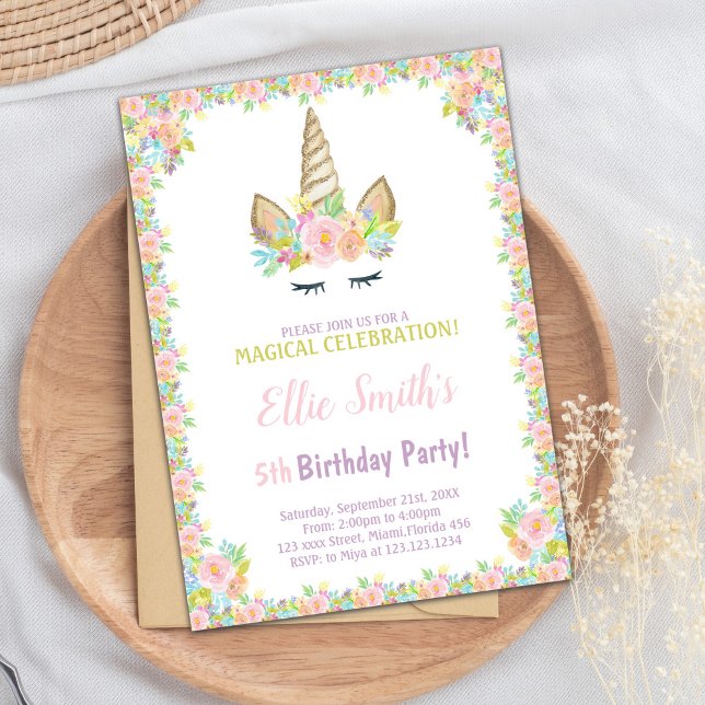 5 Birthday - Convites Unicorn (5th Birthday Unicorn Invitations)