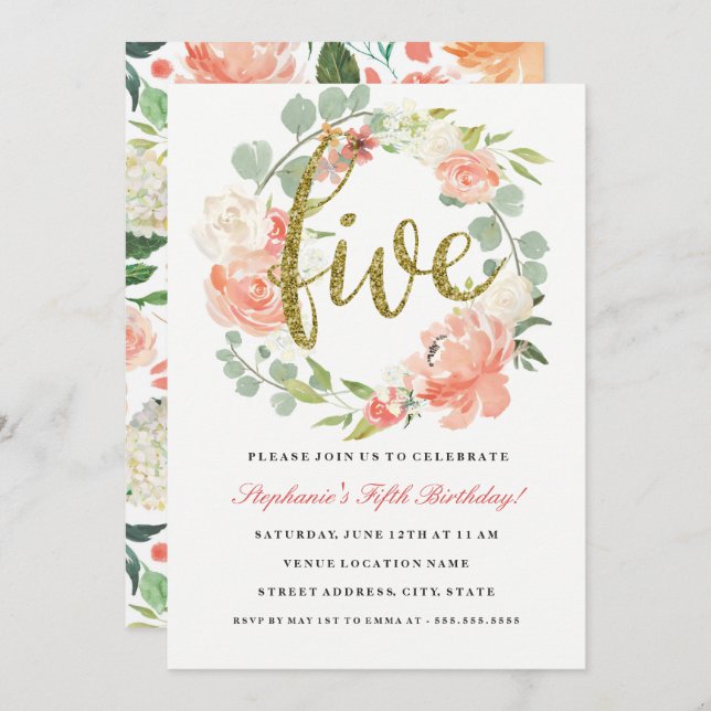 5 Birthday, cor-de-rosa Dourado, Convite Floral (Frente/Verso)