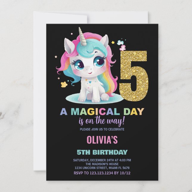 5 Birthday Unicorn Birthday - Convites de Aniversá (Frente)