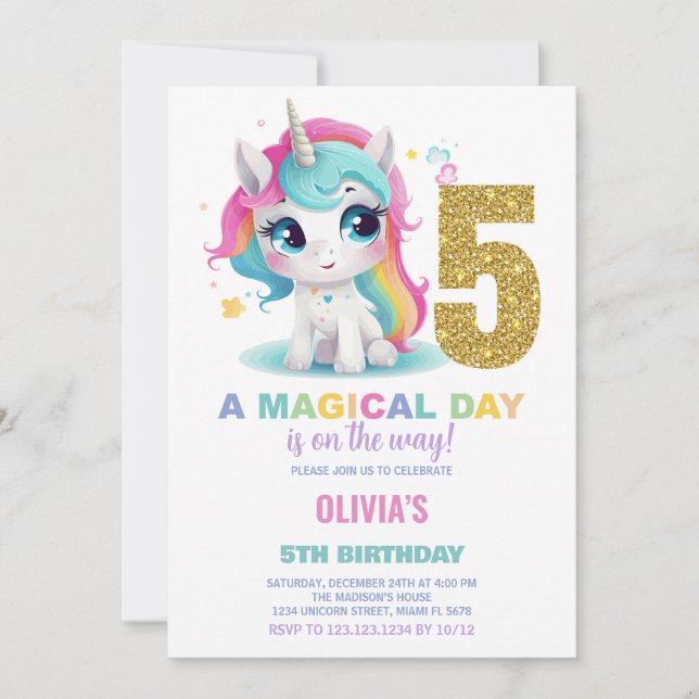 5 Birthday Unicorn Birthday - Convites de Aniversá (Frente)