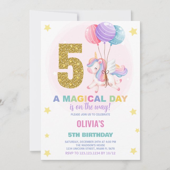 5 Birthday Unicorn Birthday - Convites de Aniversá (Frente)