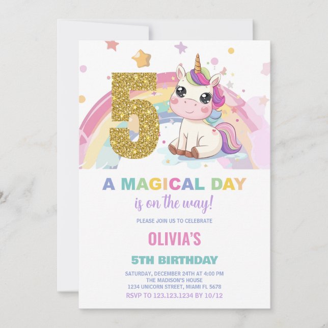 5 Birthday Unicorn Birthday - Convites de Aniversá (Frente)