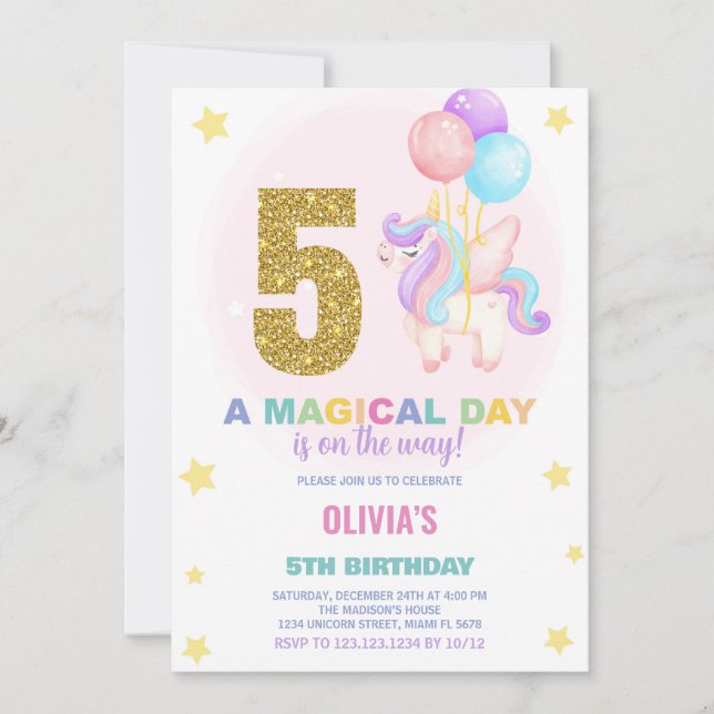 5 Birthday Unicorn Birthday - Convites de Aniversá (Frente)