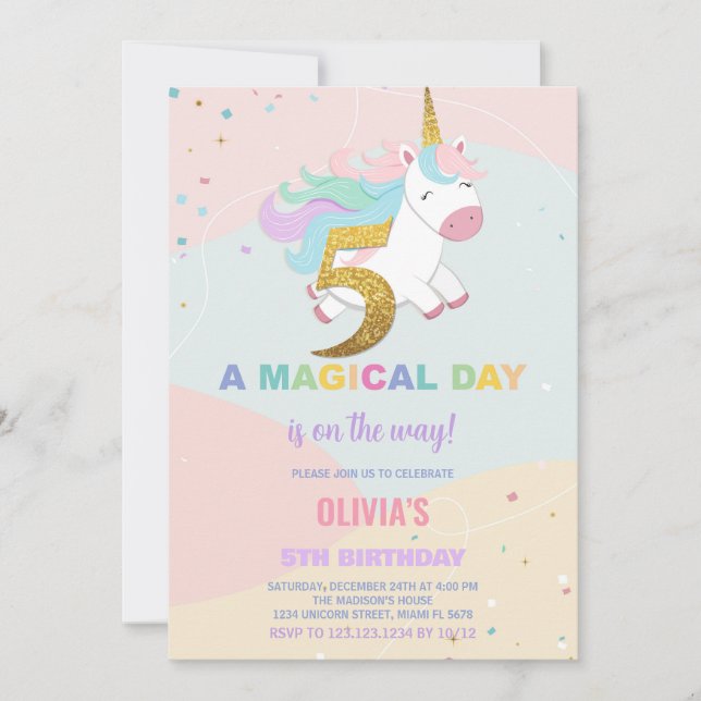 5 Birthday Unicorn Birthday - Convites de Aniversá (Frente)
