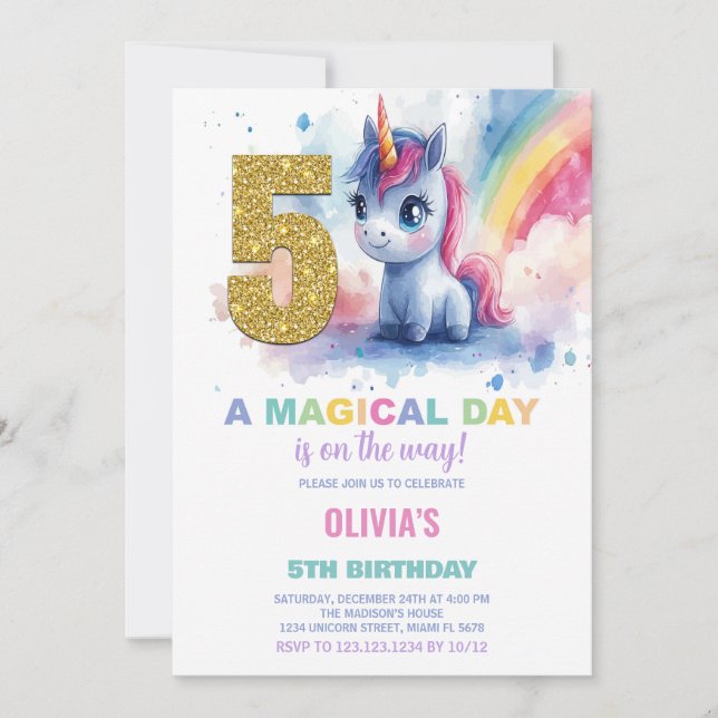 5 Birthday Unicorn Birthday - Convites de Aniversá (Frente)