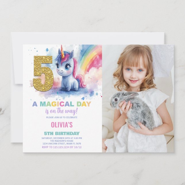5 Birthday Unicorn Birthday - Foto dos Convites de (Frente)