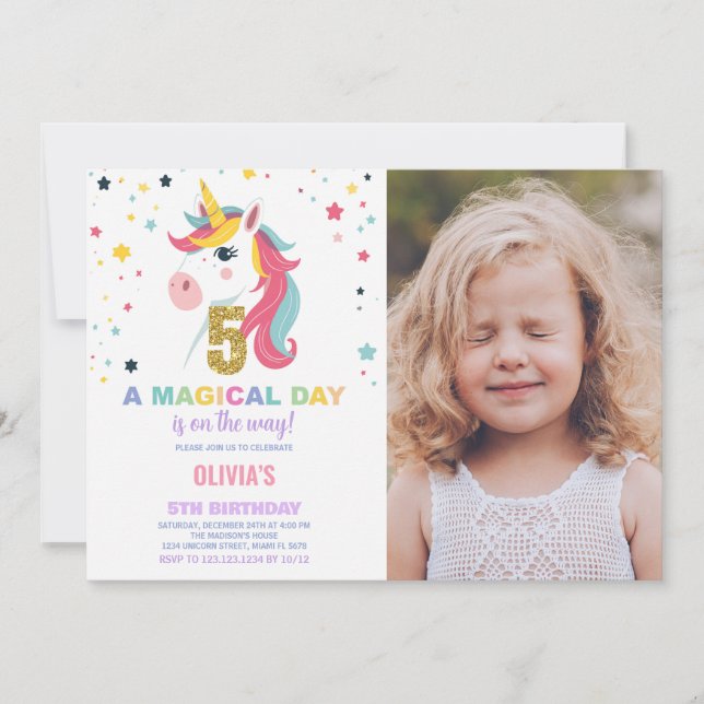 5 Birthday Unicorn Birthday - Foto dos Convites de (Frente)