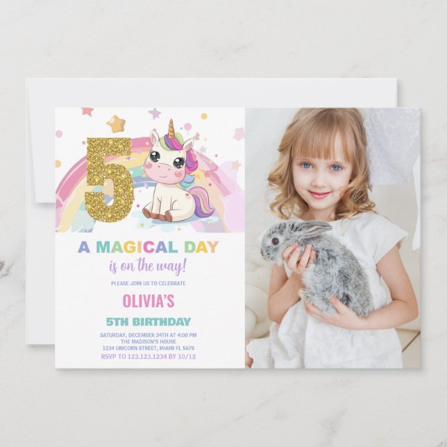 5 Birthday Unicorn Birthday - Foto dos Convites de (Frente)