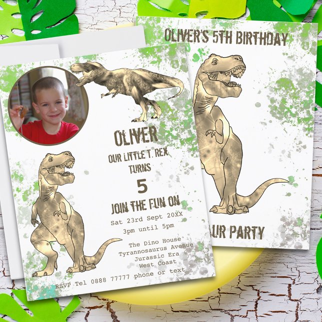 5 do Dinossauro - Festa de aniversário T Rex Boys  (T-Rex Dinosaur 5th birthday party invitation Jurassic jungle with prehistoric Tyrannosaurus rex dino)