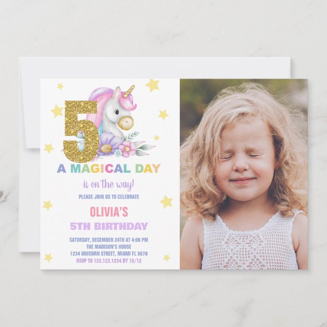 5 Floral Unicorn Convite de Aniversário com Foto (Frente)