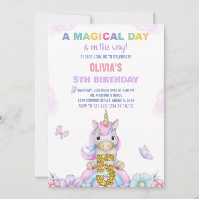 5 Floral Unicorn - Convites de Aniversário (Frente)