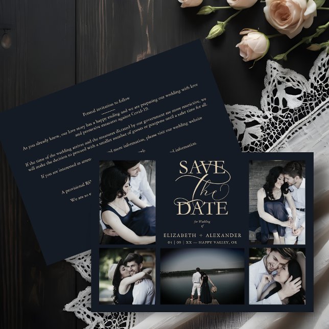 5 Photos Blue Chic Trendy Collage Wedding Covid19 (Blue Marine Chic Trendy Collage Wedding 5 Photos Save the Date.)