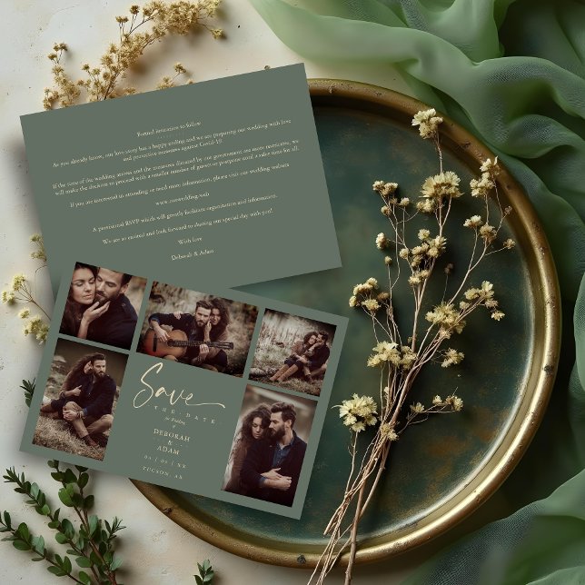 5 Photos Green Chic Trendy Collage Wedding Covid19 (Green Chic Trendy Collage Wedding Covid19 5 Photos Save the Date Cards.)