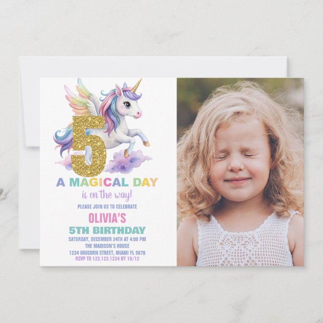 5 Rainbow Unicorn Aniversário Convites com foto (Frente)