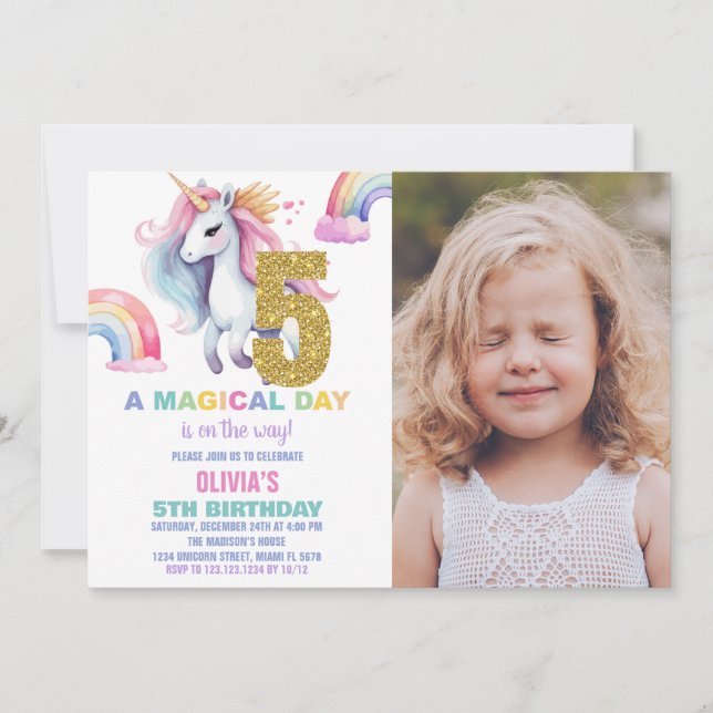 5 Rainbow Unicorn Aniversário Convites com foto (Frente)