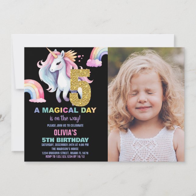 5 Rainbow Unicorn Aniversário Convites com foto (Frente)