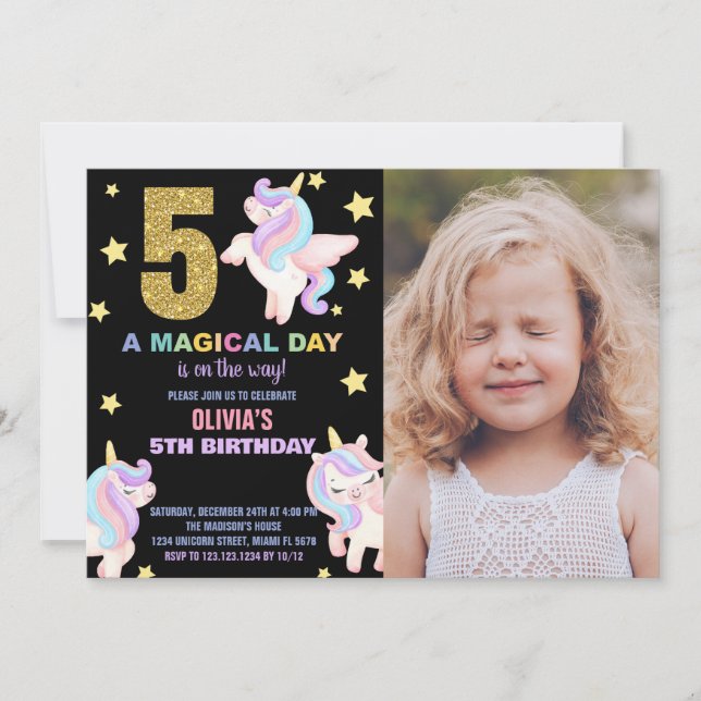 5 Rainbow Unicorn Aniversário Convites com foto (Frente)